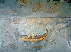 Sztuka rzymska: „”rybacy na łodzi””” Fresk z domu położonego w pobliżu portu rzecznego Rzymu. 131 n.e. Rzym, Museo Nazionale Romano (o delle Terme) autorstwa Roman
