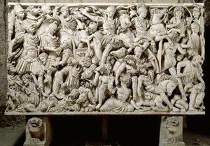 Sztuka rzymska: sarkofag Ludovisi ze sceną bitewną przeciwstawiającą Rzymian barbarzyńcom - III wne, wym. 153x273 cm - Rzym, Museo Nazionale Romano - Ostiliano, syn cesarza Decjusza (201-51 n.e.) otoczony kawalerią, z bitwy między Rzymianami autorstwa Roman