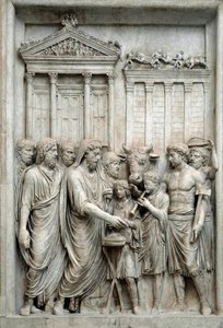 Cesarz rzymski Marek Aureliusz składający ofiarę przed świątynią Jowisza, Rzym, ok. 161-180 (rzeźba z marmuru) autorstwa Roman
