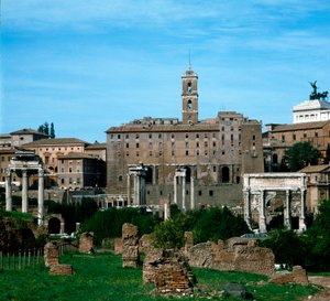 Forum Romanum: panoramiczny widok w tle, którego Taburalium używa jako archiwum (79 pne). Rzym autorstwa Roman