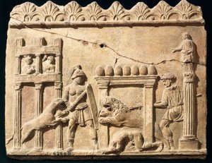 Rzeźba rzymska przedstawiająca lwy i gladiatorów walczących w cyrku autorstwa Roman