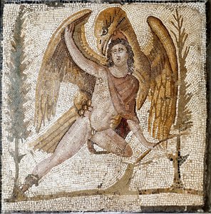 Sztuka rzymska: „”Ganimedes zabiera orzeł”””Mozaika z willi rodziny cesarza Septiusza Surowego. Koniec II wieku po JC. Rzym, Museo Nazionale Romano autorstwa Roman