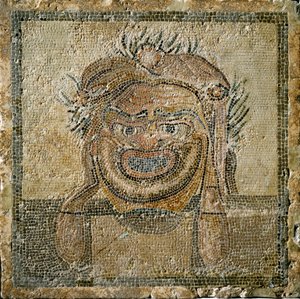 Sztuka rzymska: rzymska maska ​​teatralna. Mozaika z Ampurias (Empúries). II wiek naszej ery. Hiszpania Empurias Museum autorstwa Roman