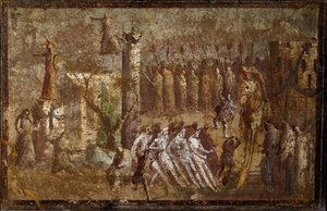 Sztuka rzymska: wpis „Tabula Iliaca” konia trojańskiego. Trojanie ciągną konia pod mury, a Cassandre próbuje się im przeciwstawić. Fresk z Pompejów. Neapol, Museo Archeologico Nazionale autorstwa Roman