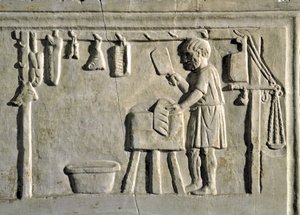 Sztuka rzymska: „”rzeźnik w swoim sklepie”” Płaskorzeźba, cywilizacja rzymska, II wne, Rzym, Museo della Civilta Romana - Rzeźnik pracujący w swoim sklepie - Kamienna płaskorzeźba, II wne - Rzym, Museo della Civilta Romana autorstwa Roman