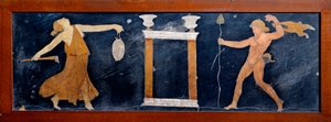 Sztuka rzymska: groźba i satyr tańczący pod świątynią. Fresk z Casa dei Capitelli dorati w Pompejach. I wne. Neapol, Muzeum Archeologiczne autorstwa Roman