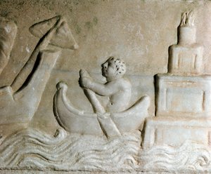 Sztuka rzymska: „”żeglarz kierujący statkiem w porcie Ostia (Ostia), widoczna latarnia miasta”” Fragment płaskorzeźby z I wieku n.e. Ostia, Museo Ostiense autorstwa Roman