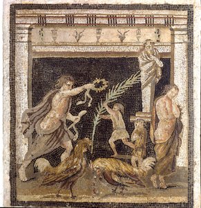 Sztuka rzymska: walki kogutów w palestrze w obecności personifikacji Porażki i Zwycięstwa. Mozaika z Villa du Labyrinth w Pompejach. Drugi styl. Ciemny. 46x42 cm Museo Archeologico Nazionale, Neapol autorstwa Roman