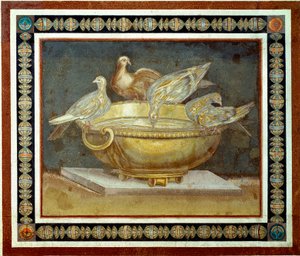 Sztuka rzymska: cztery gołębie pijące fontannę. Mozaika pochodząca z Villa Adriana (Villa d