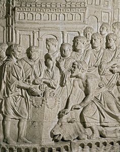 Sztuka rzymska: płaskorzeźba przedstawiająca obywateli Sarmat oddających hołd Rzymianom. Z płaskorzeźb kolumny Marc-Aurele (Marks Aurele). II wiek naszej ery. Rzym, Museo della Civilta Romana autorstwa Roman