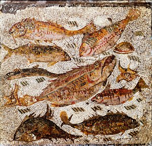 Sztuka rzymska: mozaika przedstawiająca ryby. I lub II wiek naszej ery. Z Villa dei Settimii na Via Cassia. Rzym, Museo Nazionale Romano - Sztuka rzymska: mozaika przedstawiająca ryby. I lub II wiek naszej ery. Z Villa dei Settimii, Via Cassia. Narodowe Mu autorstwa Roman