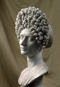 Sztuka rzymska: portret damy z okresu Flawiuszów. 80-100 n.e. Rzeźba z marmuru. Ciemny. 38 cm. Rzym, Musei Capitolini autorstwa Roman