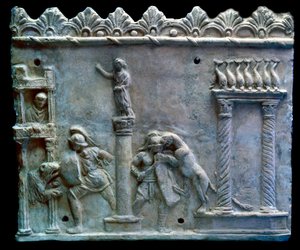 Sztuka rzymska: scena walki gladiatorów ze zwierzętami lub venatio. I wiek p.n.e. Genewa, Muzeum Sztuki i Historii autorstwa Roman