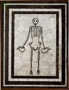 Sztuka rzymska: szkielet z askosem. Mozaika pochodząca z regionu Vesuve. Czwarty styl. I wiek p.n.e. Ciemny. 91x70 cm Museo Archeologico Nazionale, Neapol autorstwa Roman