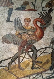 Sztuka rzymska: transport strusi na statkach wysyłany jest do Rzymu. Fragment mozaiki „Małe polowanie” 315-350 n.e. Piazza Armerina, Villa Romana del Casale autorstwa Roman