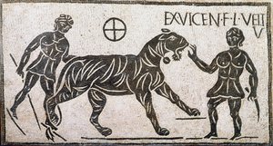 Sztuka rzymska: „”dwie kobiety oswajające tygrysa”””Mozaika z Castro pretorio w Rzymie. I wiek naszej ery. Rzym, Museo Nazionale Romano autorstwa Roman