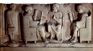 Cywilizacja rzymska. Relief przedstawiający scenę szkolną. Trewir, dawniej znany w języku angielskim jako Treves to miasto w Niemczech nad brzegiem Mozeli, podbite przez Rzymian w I wieku p.n.e. i przemianowane na Trevorum autorstwa Roman