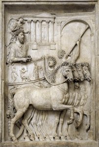 Cesarz rzymski Marek Aureliusz na wózku triumfalnym, II wiek (rzeźba z marmuru) autorstwa Roman