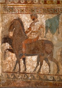Jeździec samnitów. Malowidło nagrobne z IV wieku p.n.e., z terenu Paestum we Włoszech. Fresk. Museo Nazionale Archeico, Napoli (Muzeum Archeologiczne w Neapolu). autorstwa Roman