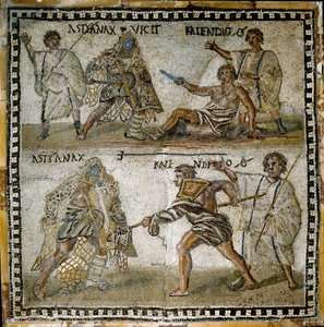 Scena walk gladiatorów, między emerytem a sekutorem, IV w. (mozaika) autorstwa Roman