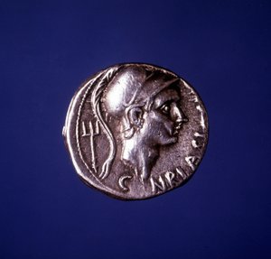 Srebrna moneta z wizerunkiem Afrykanina Scypiona (235 - 183 pne). autorstwa Roman