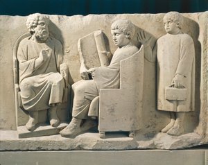 Kamienny pomnik grobowy z płaskorzeźbą przedstawiającą szkołę Neumagen z nauczycielem i uczniami, ok. 180 autorstwa Roman