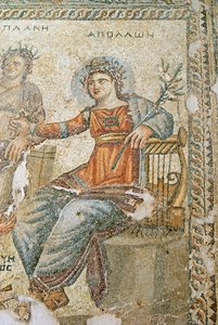 Mozaika Apollo i Marsjasz, fragment Pliniusza i Apolla, Dom Aiona, Pafos, mozaika Cypr autorstwa Roman