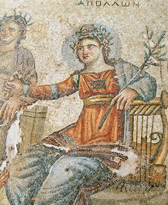 Mozaika Apollo i Marsjasz, fragment Pliniusza i Apolla, Dom Aiona, Pafos, mozaika Cypr autorstwa Roman