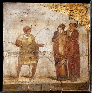 Scena teatralna. Fresk z terenu Pompejów autorstwa Roman