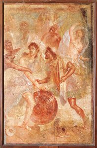 Ulisses i Diomedes rozpoznający Achillesa w przebraniu żeńskiej Pyrry wśród córek Lycomedes pod Skyros, z Pompejów (fresk) autorstwa Roman