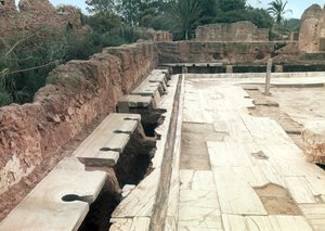 Widok na wspólną toaletę, prawdopodobnie część kompleksu łaźni Hadriana, ok. 127 r. n.e. autorstwa Roman