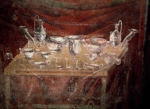Widok stołu pokrytego srebrnymi naczyniami (fresk autorstwa Roman