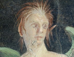 Skrzydlaty geniusz, fragment fresku z Willi Publiusza Fanniusza Synistora, Boscoreale, Kampania, Włochy, Detal, Cywilizacja rzymska autorstwa Roman