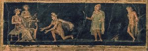 Konkurs muzyczny między Apollem a Marsjaszem, I wiek p.n.e. OGŁOSZENIE. autorstwa Roman Pompeian wall painting.