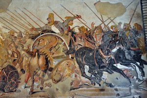 Detal mozaiki z Pompejów: Bitwa pod Issos pomiędzy Aleksandrem i Dariuszem (IV w. p.n.e.). - Król Dariusz III Kodoman (380-330 p.n.e.), desempare na swoim rydwanie - opus vermiculatum - Muzeum Archeologiczne w Neapolu, Włochy - Museo Archeologico Nazionale autorstwa Roman Roman