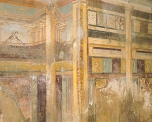 Fragment fresku, część dekoracji ściennych, Dom Labiryntu, Pompeje, Kampania, Cywilizacja Rzymska autorstwa Roman Roman