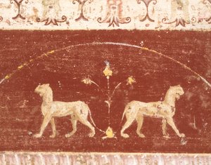 Dekoracja fresków z sali Tablino, domu Marka Lukrecjusza Fronto, Pompeje, Kampania, cywilizacja rzymska autorstwa Roman Roman