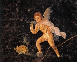 Fresko, joka kuvaa Cupidoa jahtaamassa jänistä, Pompejista, Italiasta, Puolasta autorstwa Roman Roman