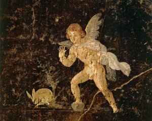 Fresk przedstawiający Kupidyna polującego na zająca z Pompejów, prowincja Neapol, Włochy, cywilizacja rzymska autorstwa Roman Roman