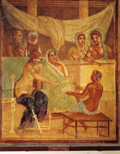 Fresk przedstawiający A.D.Metus i Alcestis konsultujący się z wyrocznią, z Domu Tragicznego Poety, Pompeje, Włochy autorstwa Roman Roman