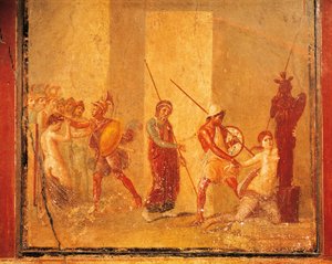 Fresk przedstawiający spotkanie Priama, Menelaosa i Heleny w Pałacu Królewskim, Pompeje, Kampania, cywilizacja rzymska autorstwa Roman Roman