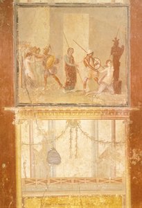 Fresk przedstawiający spotkanie Priama, Menelaosa i Heleny oraz Arisace w pogoni za Cassandrą, z Domu Menandera, Pompeje, Kampania, cywilizacja rzymska autorstwa Roman Roman