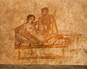 włochy, Kampania, region, prowincja neapolitańska, pompeje, dom wettii, fresk erotyczny autorstwa Roman Roman