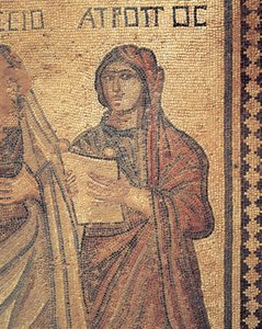 Mozaika przedstawiająca czytającą młodą kobietę, Dom Tezeusza, Willa Rzymska, Pafos, Cypr (zdjęcie) autorstwa Roman Roman