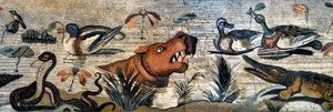 Fryz mozaikowy z Pompejów (dom fauny, casa del Fauno - scena nilotyczna - życie zwierząt na Nilu: hipopotam, krokodyl, wąż, kaczki - sztuka rzymska - Muzeum Archeologiczne w Neapolu, Włochy - Museo Archeologico Nazionale, Napoli, Italia - Photo Patrice Car autorstwa Roman Roman