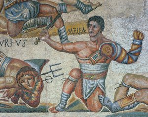 Mozaika przedstawiająca scenę walki gladiatorów, detal triumfującego gladiatora autorstwa Roman Roman