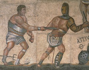 Mozaika ze sceną walki gladiatorów, fragment gladiatora odzianego w zbroję autorstwa Roman Roman