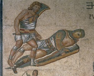 Mozaika ze sceną walki gladiatorów, fragment gladiatora odzianego w zbroję autorstwa Roman Roman