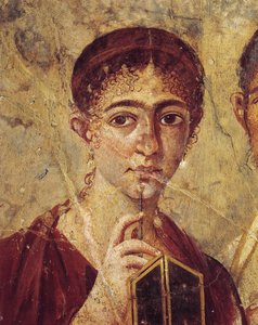 Muotokuva leipuri Terentius Neosta ja hänen vaimostaan juhlavaatteissa, yksityiskohta vaimosta kynällä ja diptyykillä auki Italiasta, Campaniasta, Pompejista, 55-79 jKr., maalaus kipsilakalle autorstwa Roman Roman