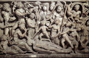 Prometeo stworzył uomo: Promethee tworzy pierwszego człowieka. Sarkofag z przedstawieniem mitu Prometeusza. Z postaciami z mitologii greckiej i rzymskiej: Prometeusz, Psyche, małe miłości, Hermes, bóg psychopompów, Parques (Gabinety), Posejdon, autorstwa Roman Roman